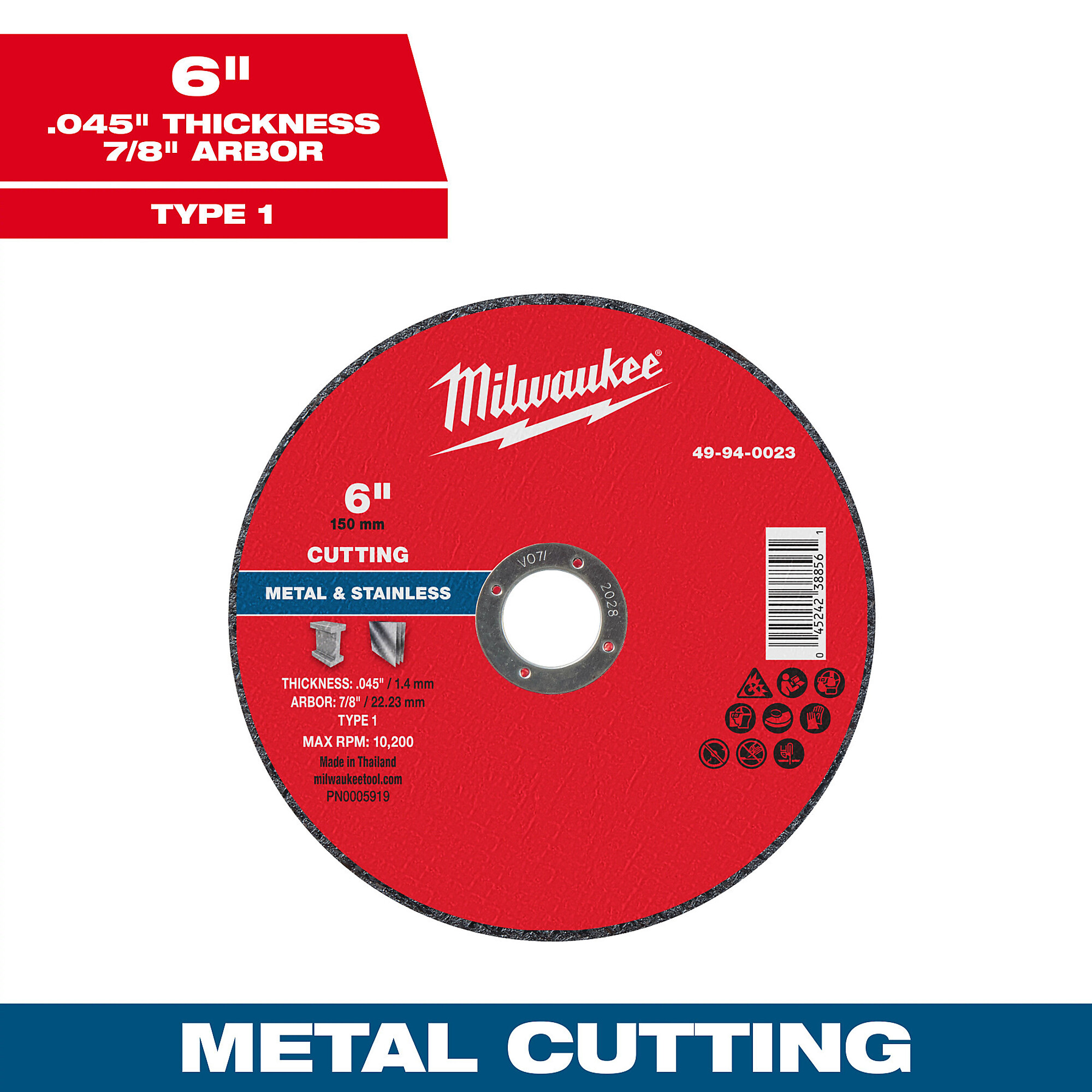 Milwaukee 6" x .045" x 7/8" Metal Cut Off Wheel,Type 1, Model# 49-94-0023